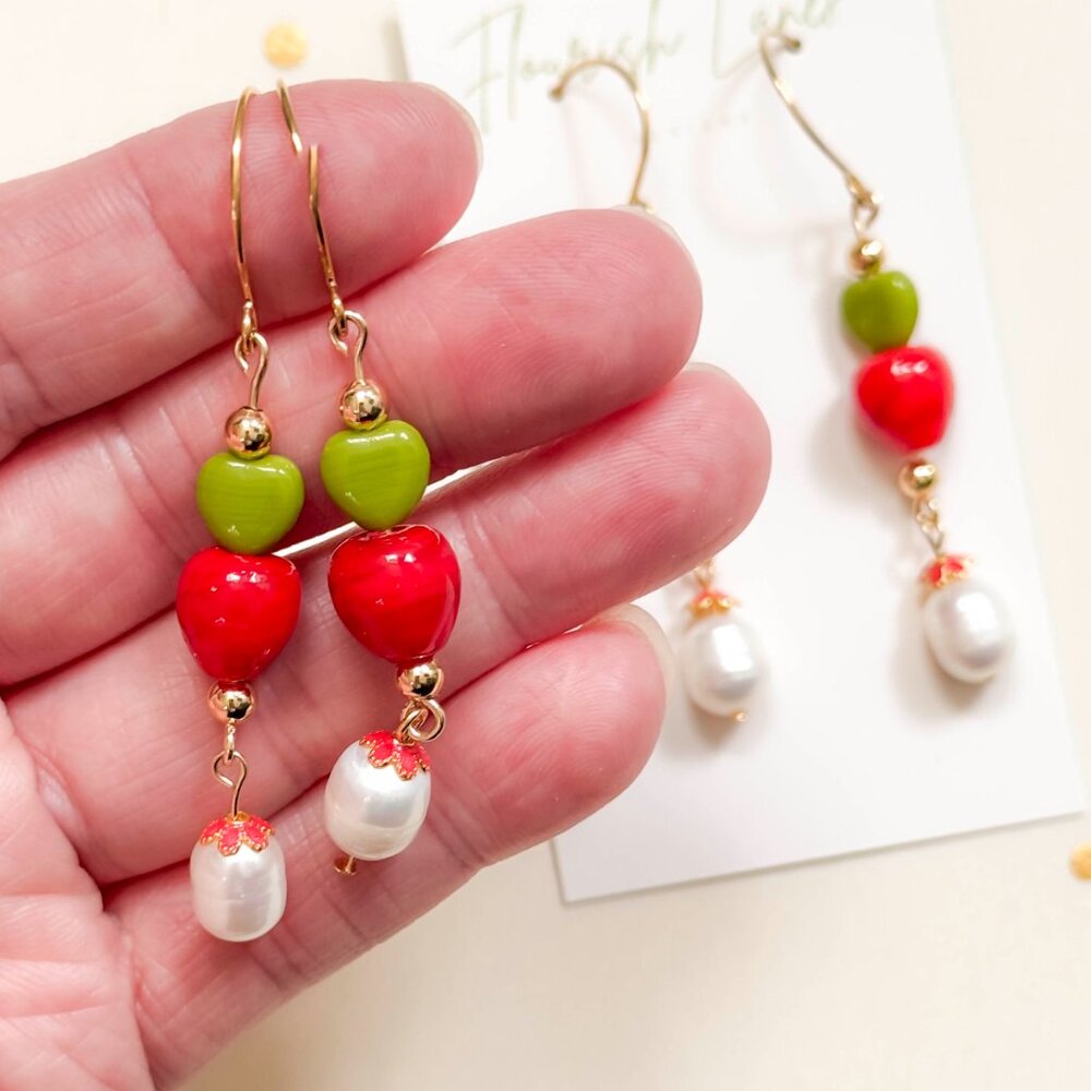 Apple Red Heart Beaded Drop Earrings Pearl Gold | Cute Artisan Statement - Picture 7 of 11